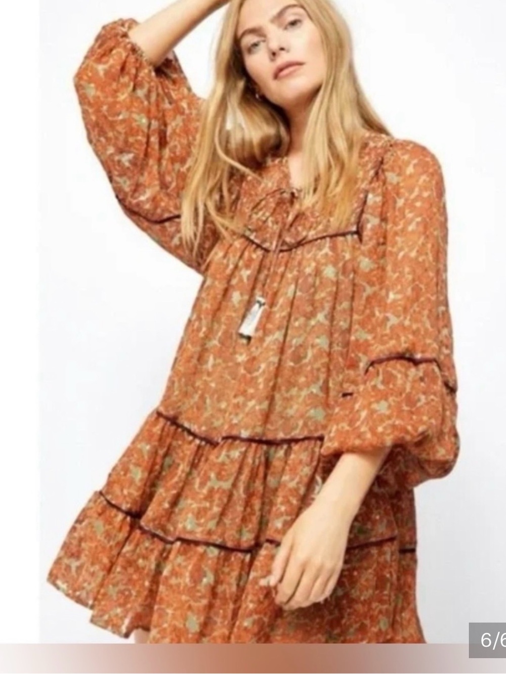 Free People NWT Free Swinging Burnt Orange Floral Tiered Mini Dress M - Picture 2 of 13